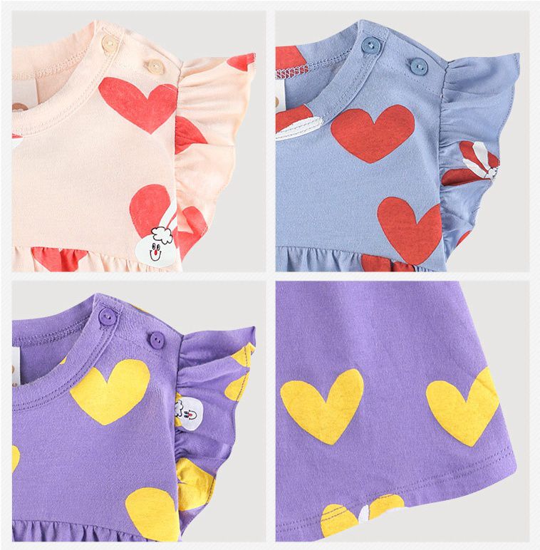 韓國 milk mile - 白兔心紋花袖洋裝-灰藍X紅愛心