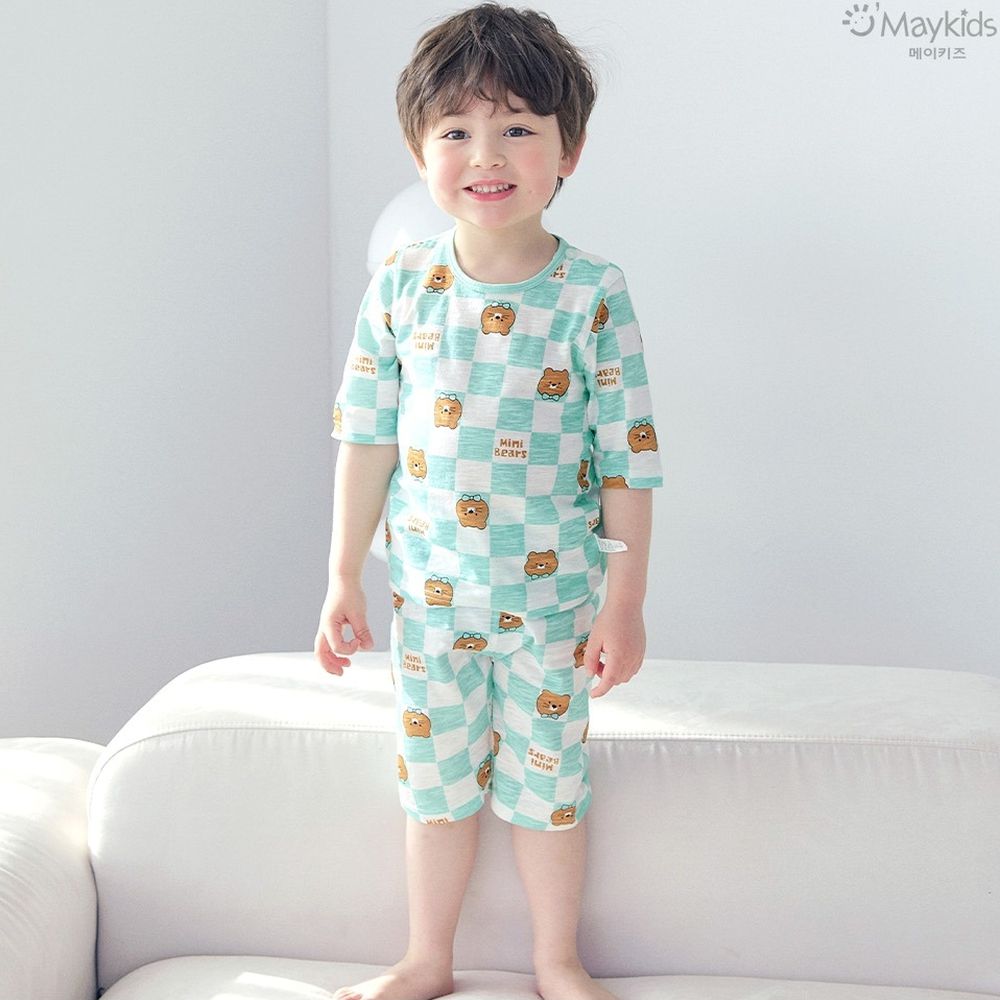 輕薄細柔棉七分袖家居服-棋盤格熊熊-薄荷綠