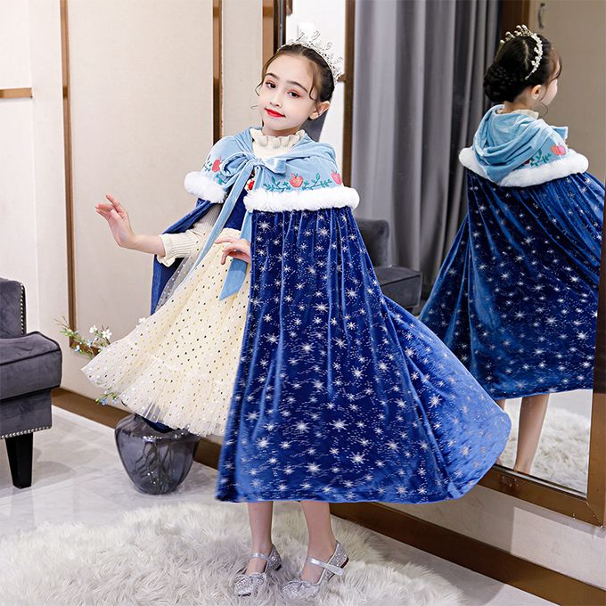 冰雪女王保暖印花斗篷-深藍色毛領