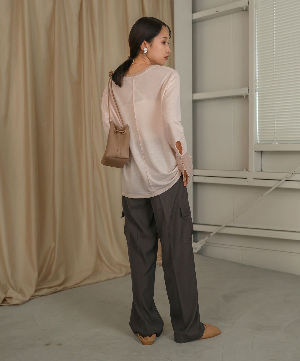 日本 Bab - 楊柳拼接珍珠薄長袖上衣-米杏