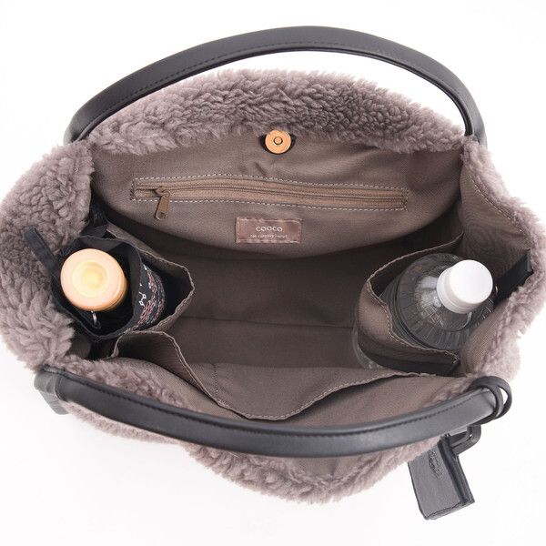 日本 COOCO - 異材質拼接毛茸茸托特包-米蘭杏 (W33*H25*D17cm)