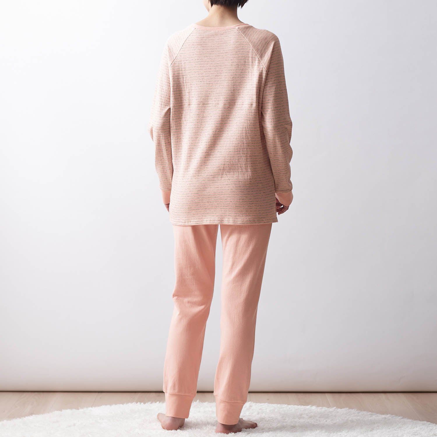 日本千趣會 - 100%棉 舒膚發熱家居服/睡衣-媽媽-條紋橘粉