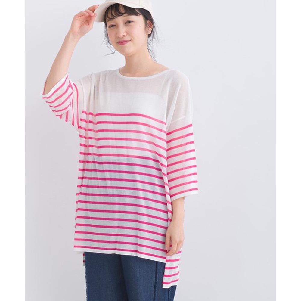 日本 Lupilien - 透明感薄針織七分袖上衣-條紋-粉紅