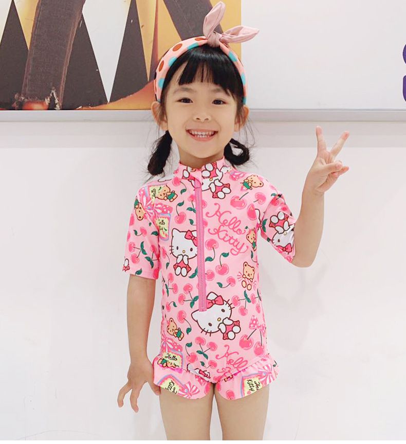 Hellokitty短袖連身泳裝-kitty與小熊-粉色