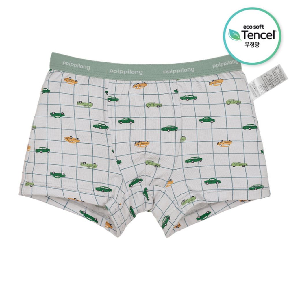 天絲纖維透氣四角褲(男寶)-格紋車車-淺灰