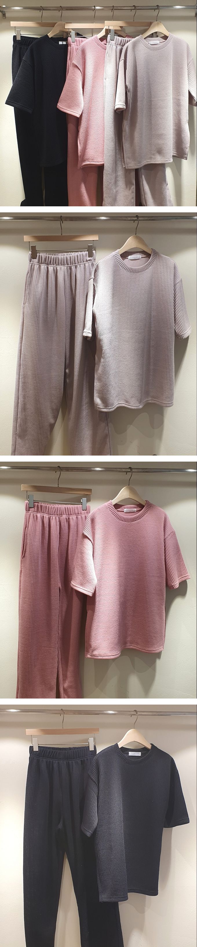 韓國 LANDING - (現省50元)簡約直線羅紋套裝-桃粉 (FREE)