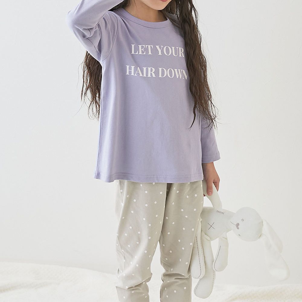 100%棉 高腰長袖家居服套裝-英文點點-紫x淺灰