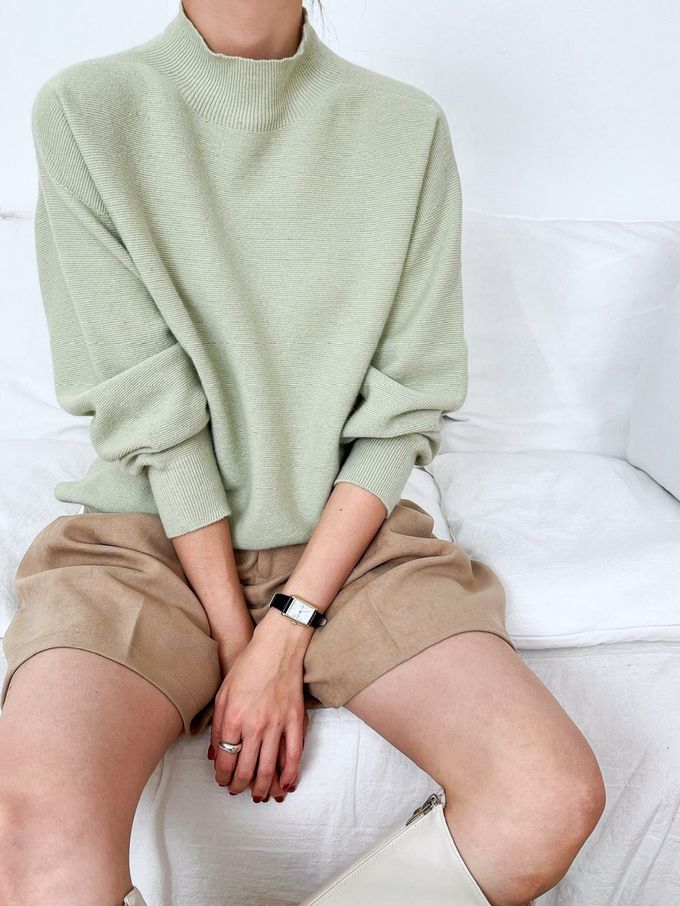 韓國女裝連線 - 斜角側開衩混羊毛針織長袖上衣-可可 (FREE)