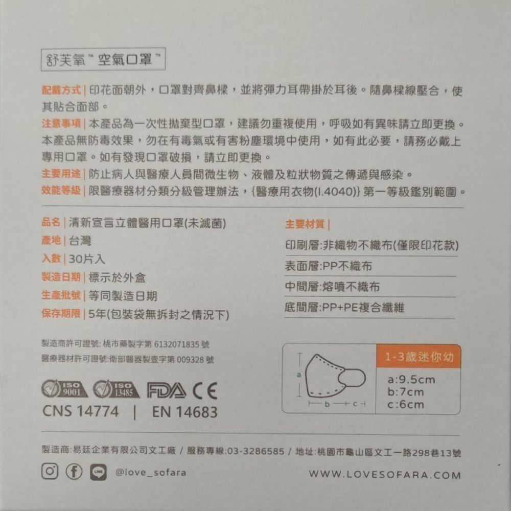 迷你幼(小臉版)3D空氣口罩-綠湖藍款-1-3歲適用 (9.5X13cm)-30入/盒