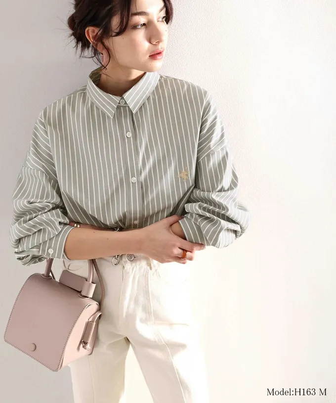 日本 Classical Elf - 胸前刺繡直條紋率性長袖襯衫-藍紫