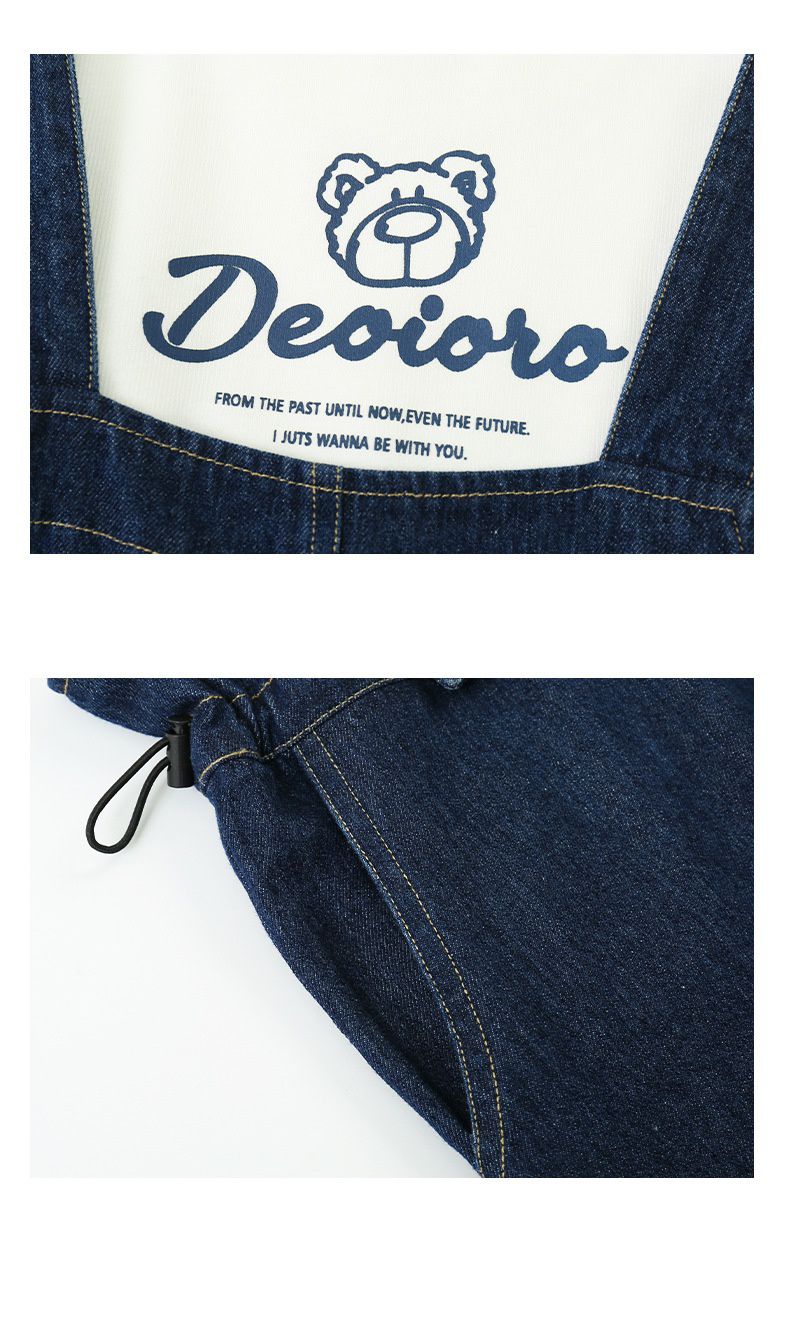 休閒牛仔寬鬆吊帶褲-小熊-綠色