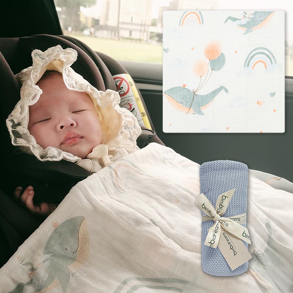 優惠組合【bimbidreams】竹纖維紗布包巾 120x120cm +針織萬用毯 75x90cm (小被被 嬰兒毯)-鯨魚童話+天空藍