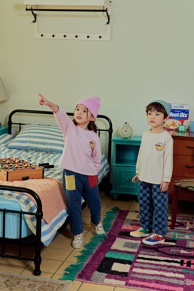 韓國 First Blue - 鴨舌帽笑臉印長袖上衣-灰綠