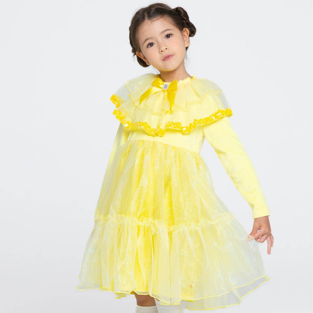 (附網紗披肩)光澤金絲線網紗長袖洋裝-黃