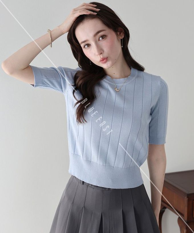 日本 BLUE EAST - 羅紋彈性薄針織五分袖上衣-復古紅