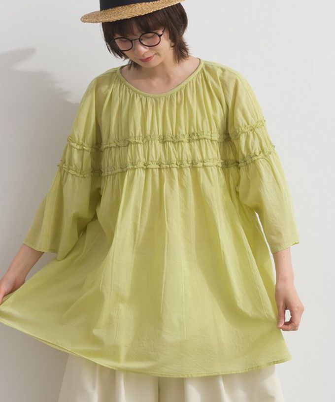 日本 Lupilien - 100%棉 輕盈感皺摺廓形五分袖上衣-萊姆綠