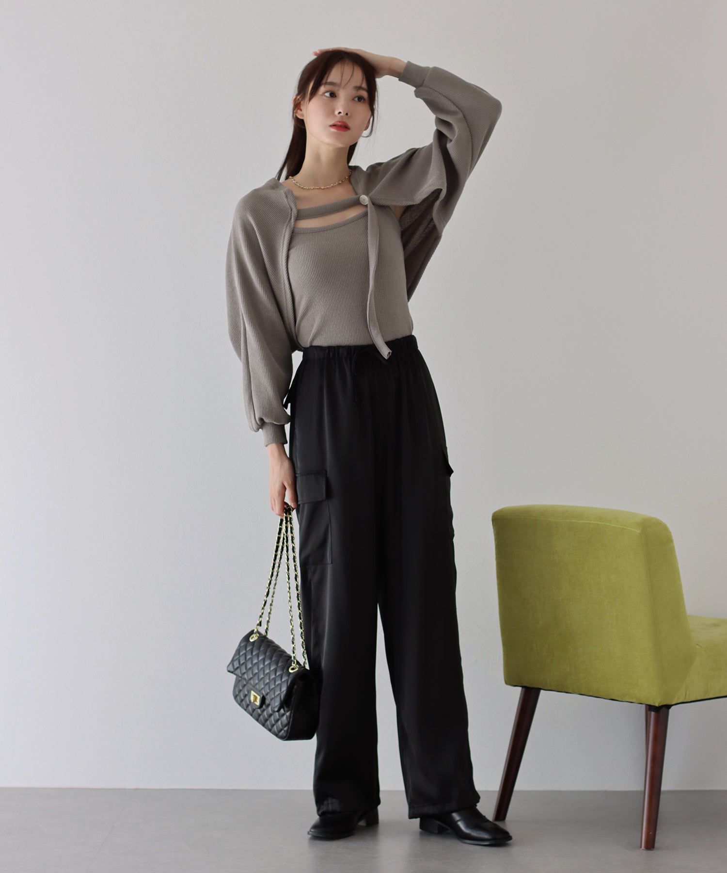 日本 BLUE EAST - 羅紋針織內搭x短版外套兩件組-黑