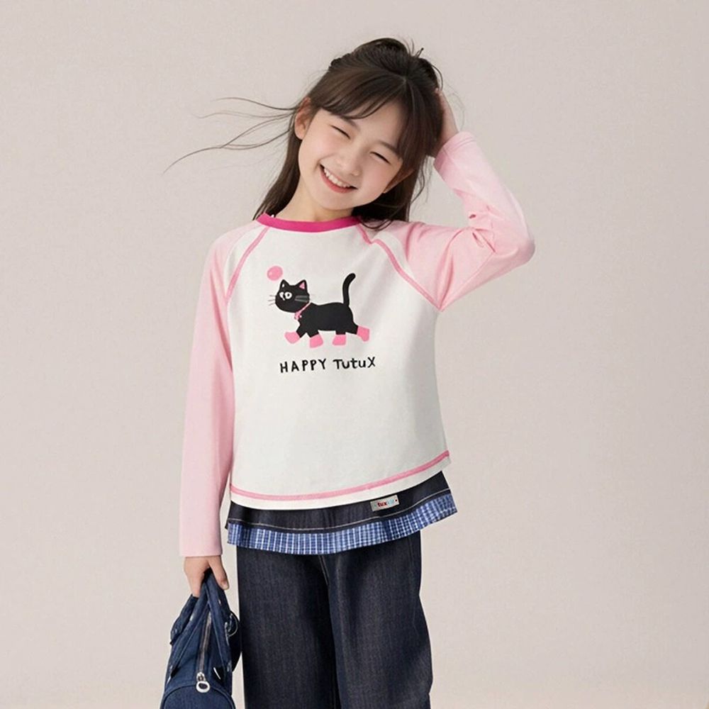 彈性拼色長袖上衣-可愛印花-粉色