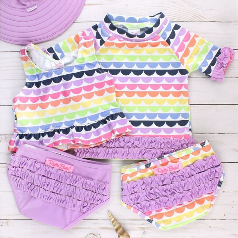 美國 RuffleButts - 小女童UPF 50+防曬兩件式無袖泳裝-七彩浪花