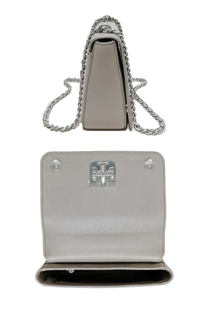 TORY BURCH - 雙T-LOGO皮革翻蓋斜背包 (灰)