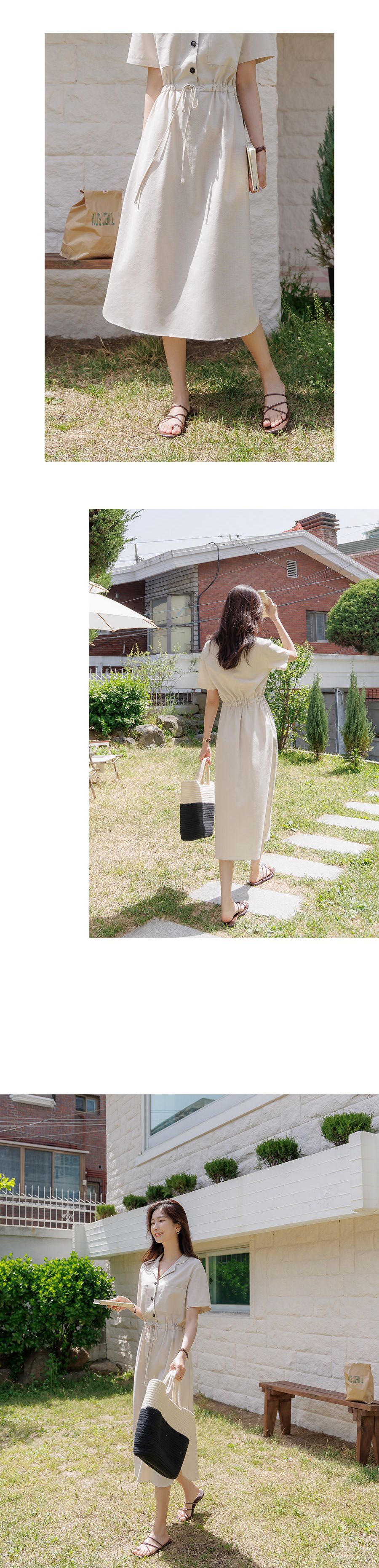 韓國 Urbantheroom - 氣質麻料小翻領縮腰洋裝-杏 (Free)