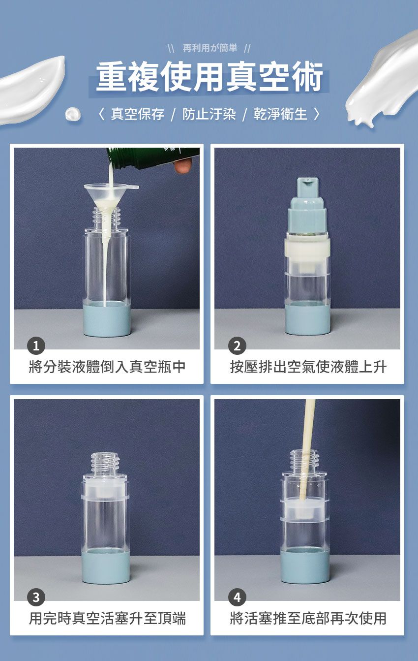 3ZeBra - 真空分裝瓶(四入組)加贈漏斗-藍色-噴霧瓶15ml*1/30ml*1+乳液瓶(15ml*1/30ml*1)