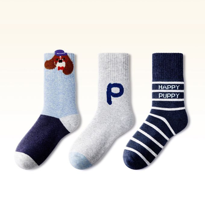 紳士眼鏡狗條紋加厚毛圈中筒棉襪 保暖襪