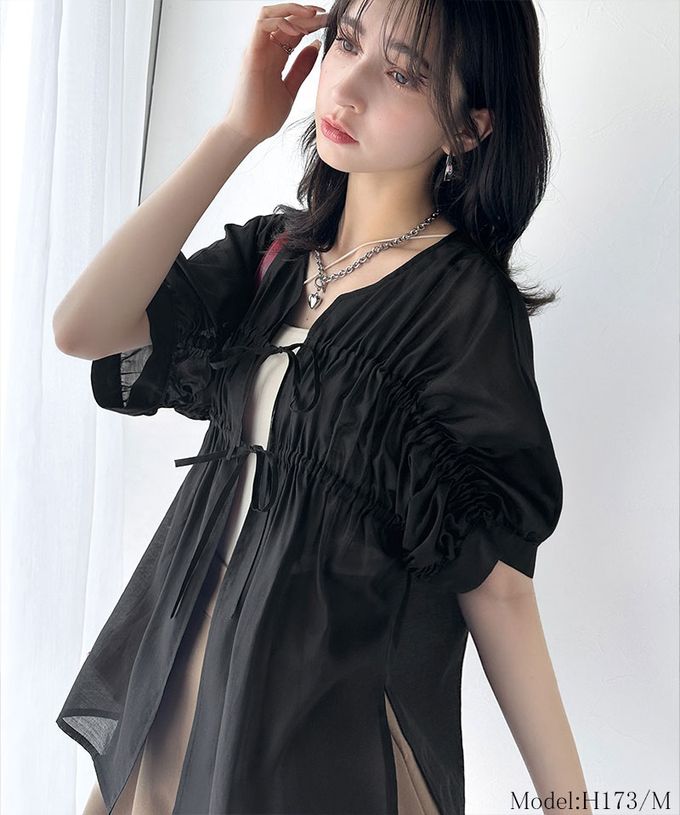 日本 Classical Elf - 前後2way皺折綁帶輕透罩衫上衣-淺藍