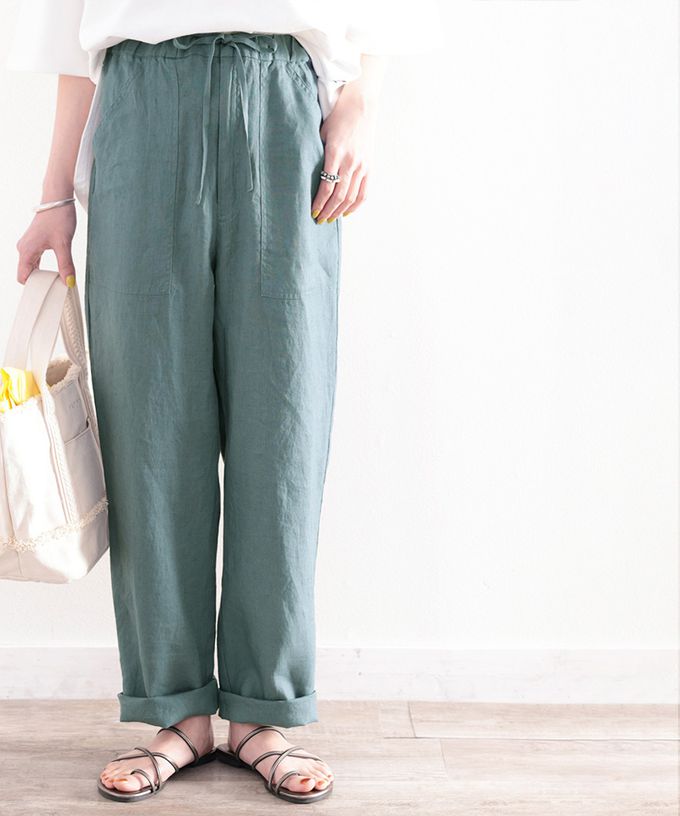 日本 Classical Elf - 100%亞麻透氣垂墜感抽繩寬褲-軍綠