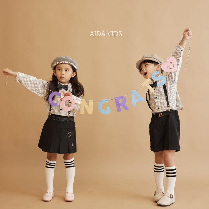 韓國 AIDA - (不含領結)簡單細格紋翻領長袖襯衫-白