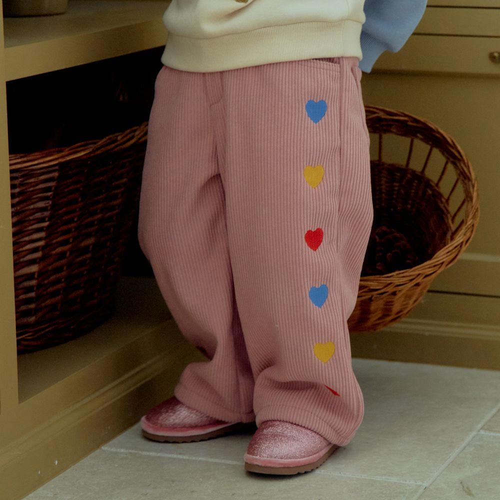 First Blue (內磨毛)鬆緊腰彩心點綴燈芯絨長褲-淺粉