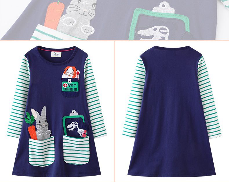 Jumping meters - 棉質圓領長袖連身洋裝-動物診療室-深藍+綠