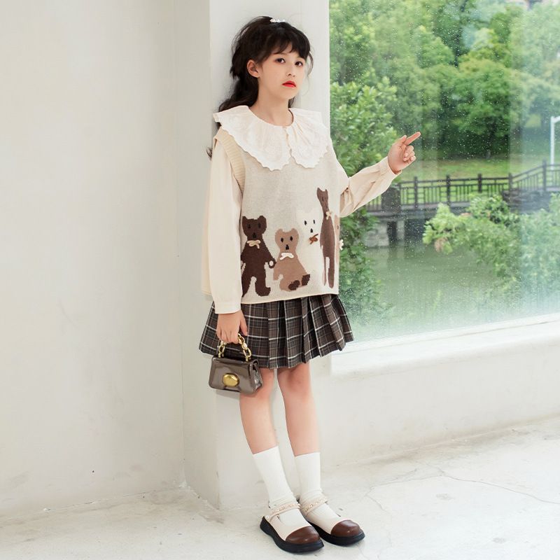 兩件式木耳大翻領長袖襯衫-襯衫+針織背心-米色