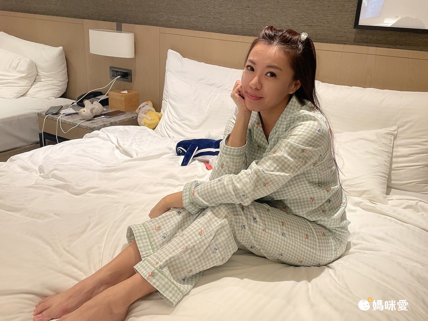 雙層棉紗布長袖家居睡衣套裝-小花綠格