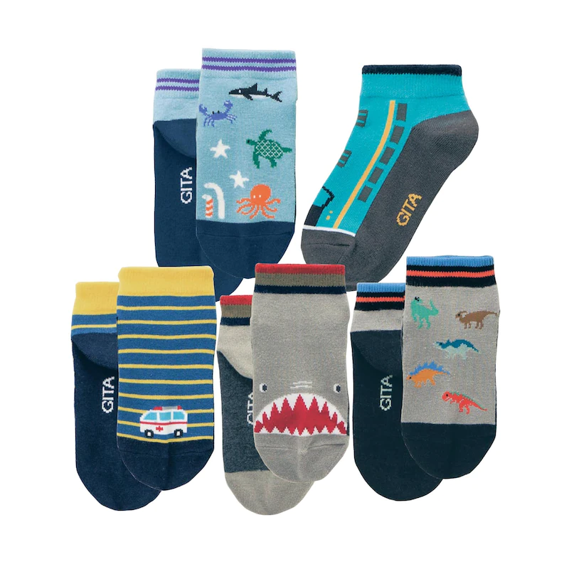 日本千趣會 - GITA 超值短筒襪五件組(鞋底深色設計)-生物與汽車-藍綠灰