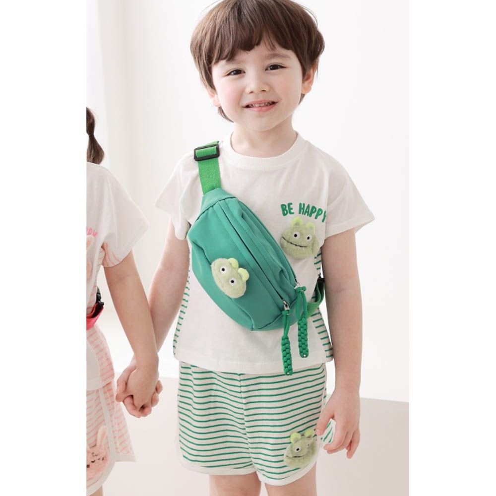 (附包包)毛絨動物上衣X條紋短袖套裝-呆呆蛙-綠