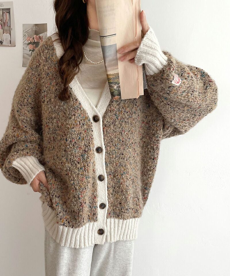 日本 Classical Elf - Java聯名 前後穿混彩針織開襟衫-卡其