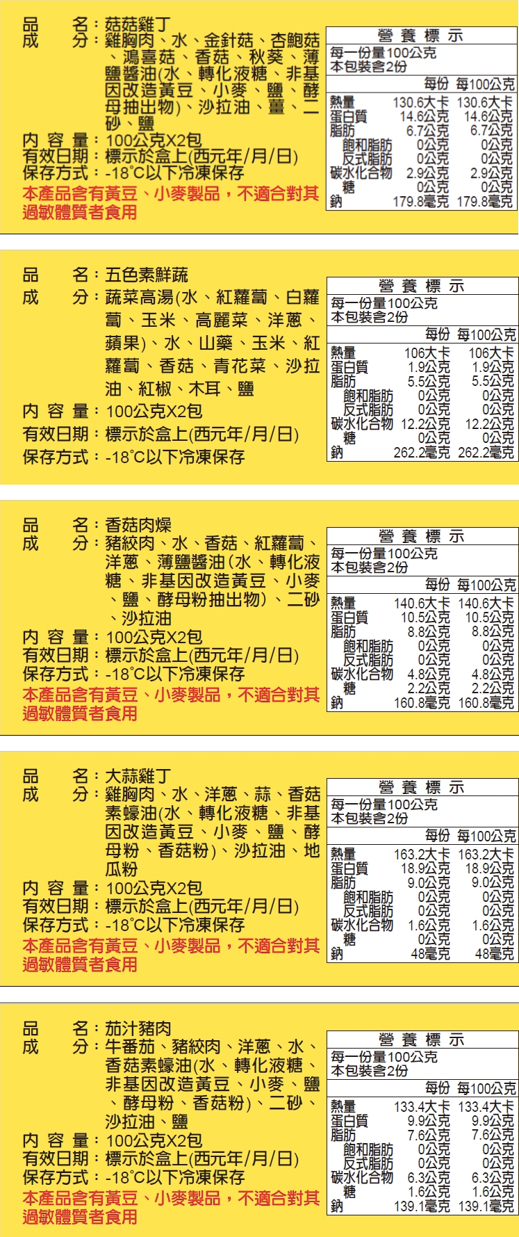 郭老師養生料理 - (冷凍)全系列大寶寶綜合燴料十入組 茄汁豬肉 ,大蒜雞丁 ,香菇肉燥 ,五色素時蔬 ,菇菇雞丁各一盒-一盒兩入,每包100g