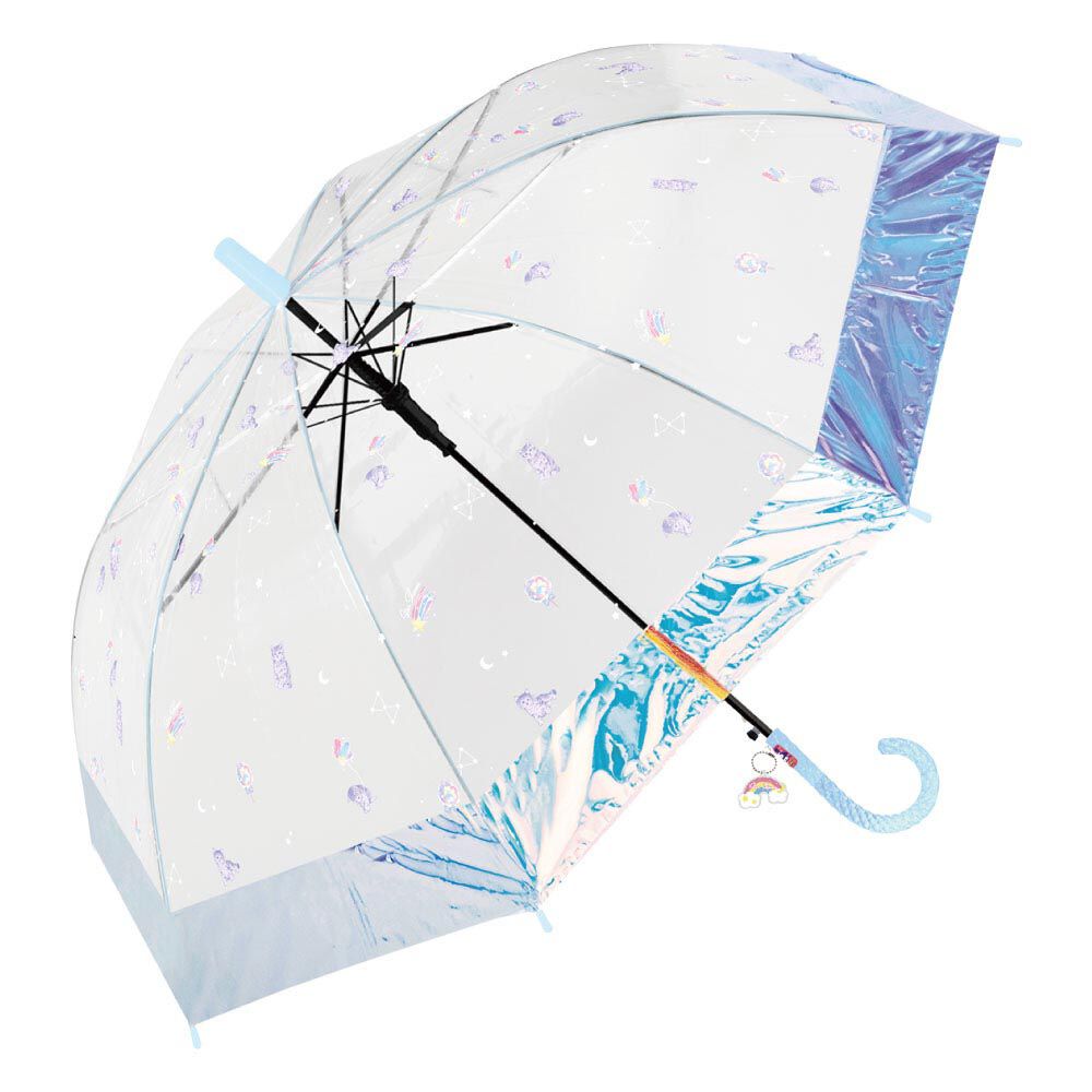 日本中谷 - 透明窗設計兒童雨傘/直傘-彩虹貓貓-水藍 (55cm(身高130cm以上))