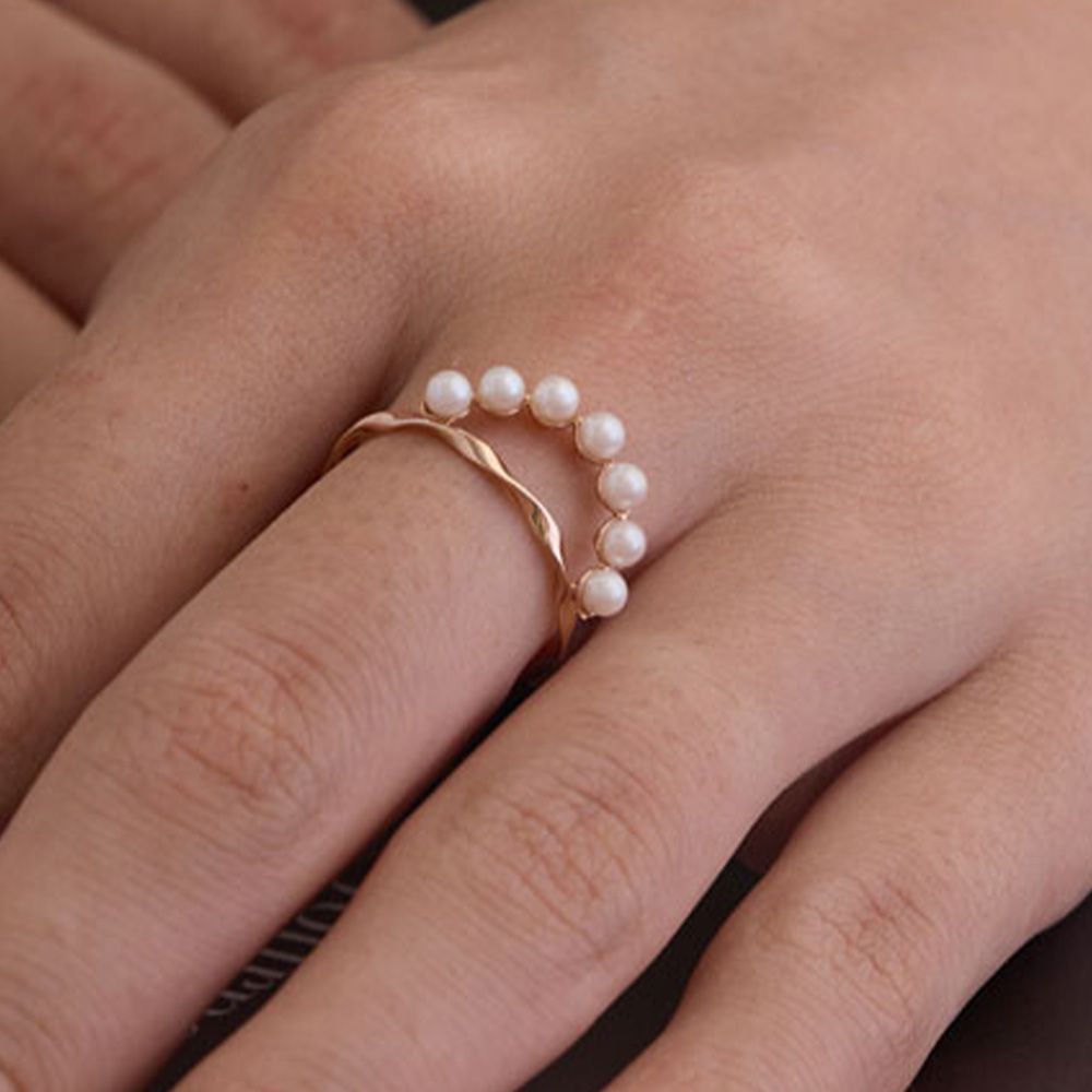 日本製 珍珠雙層流暢曲線戒指-13號戒圍-玫瑰金