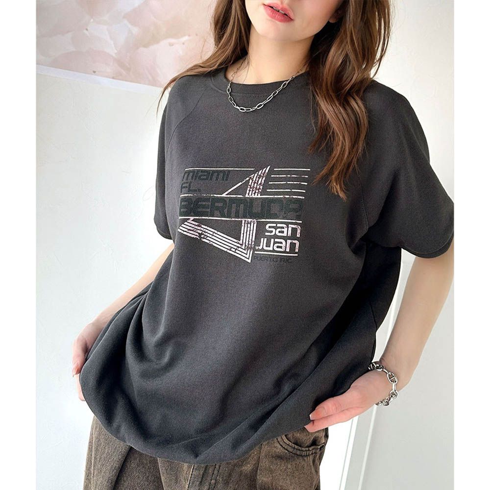 前後2way復古標語印花五分袖上衣-炭灰