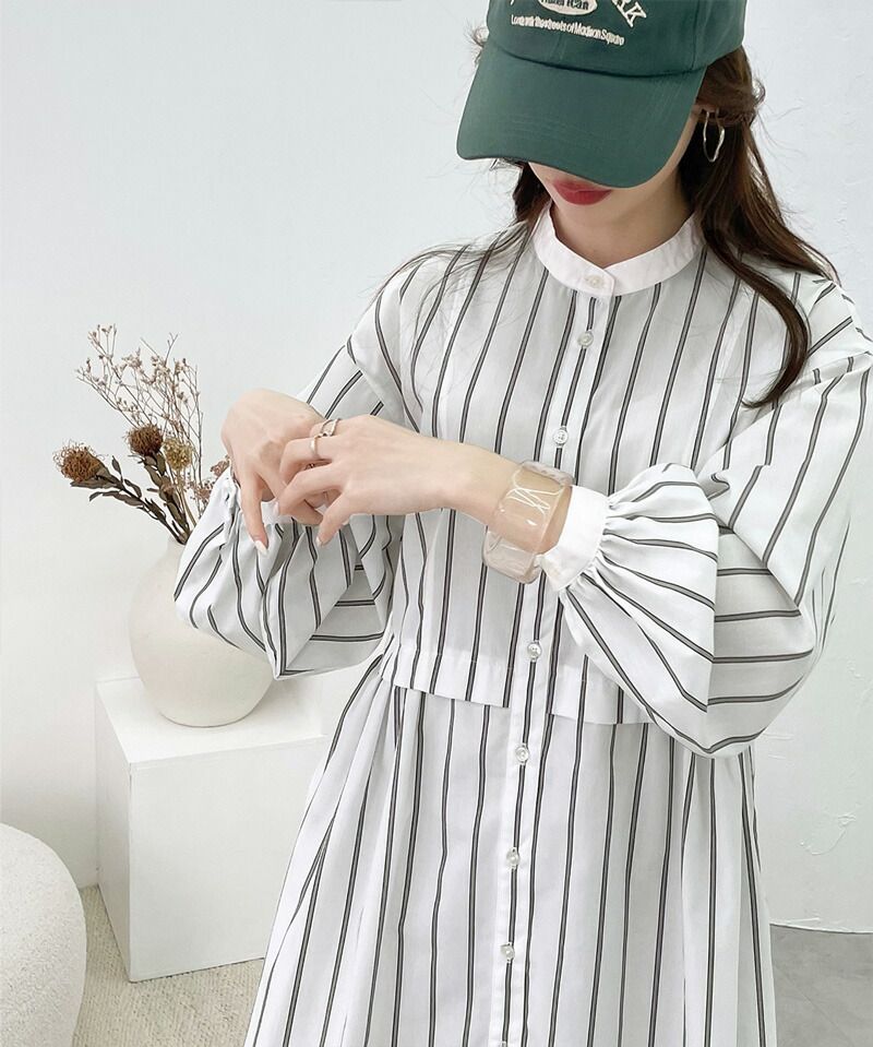 日本 Classical Elf - 修身立領泡泡袖襯衫洋裝-直條紋-海軍藍