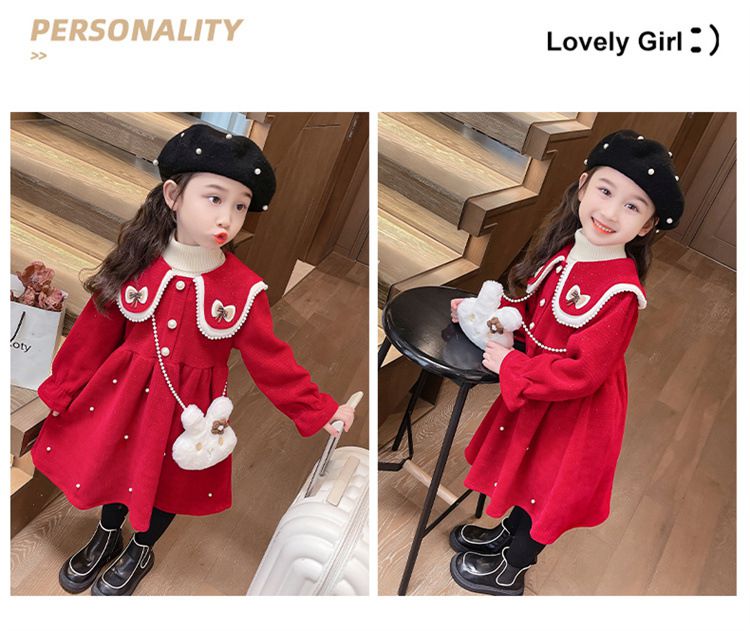 加絨不規則翻領氣質長袖連身洋裝-蝴蝶結-紅色