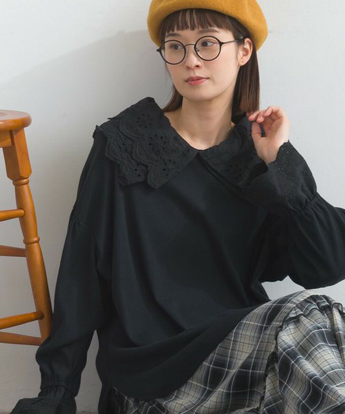 日本 Lupilien - 精緻蕾絲領落肩喇叭袖上衣-黑