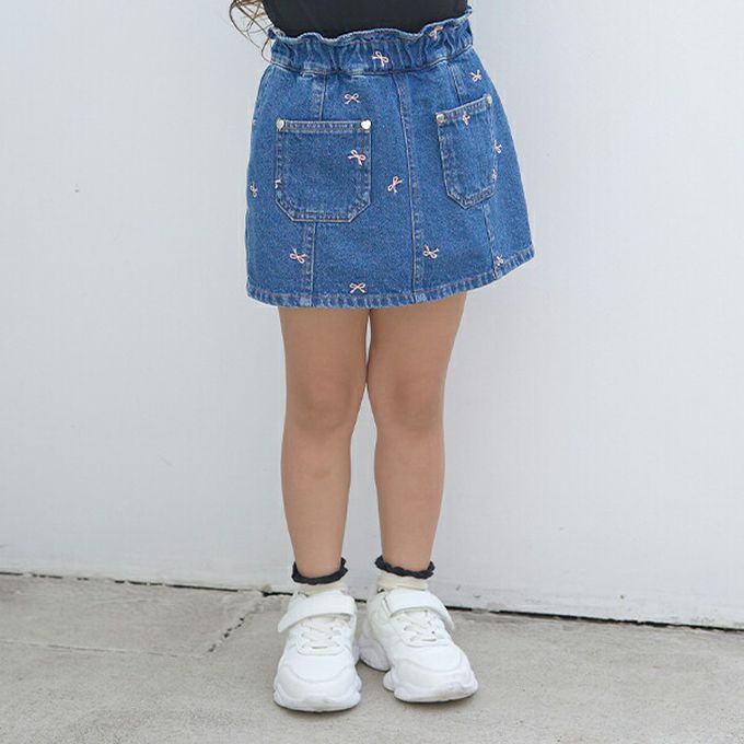 日本 Lycee mine - 甜美刺繡純棉丹寧風褲裙-櫻桃-淺藍