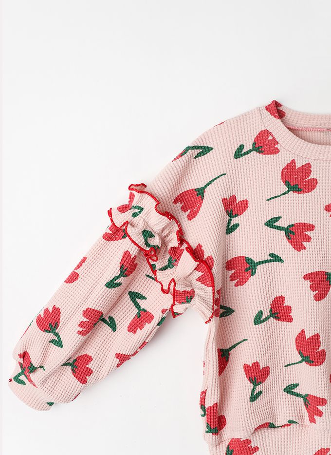 韓國 OZKIZ - 鬱金香鬆餅格紋長袖縮口套裝-紅花