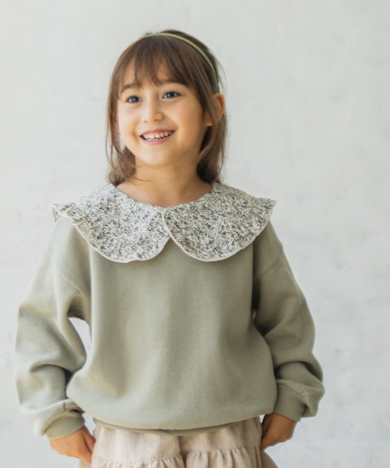 日本 PAIRMANON - 歐風翻領刷毛長袖上衣-碎花領-煙燻粉