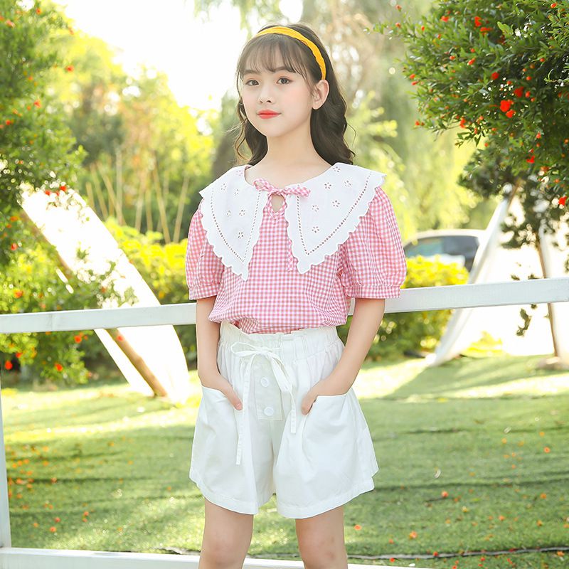 娃娃領短袖套裝-格紋上衣+花苞短褲-黑+白