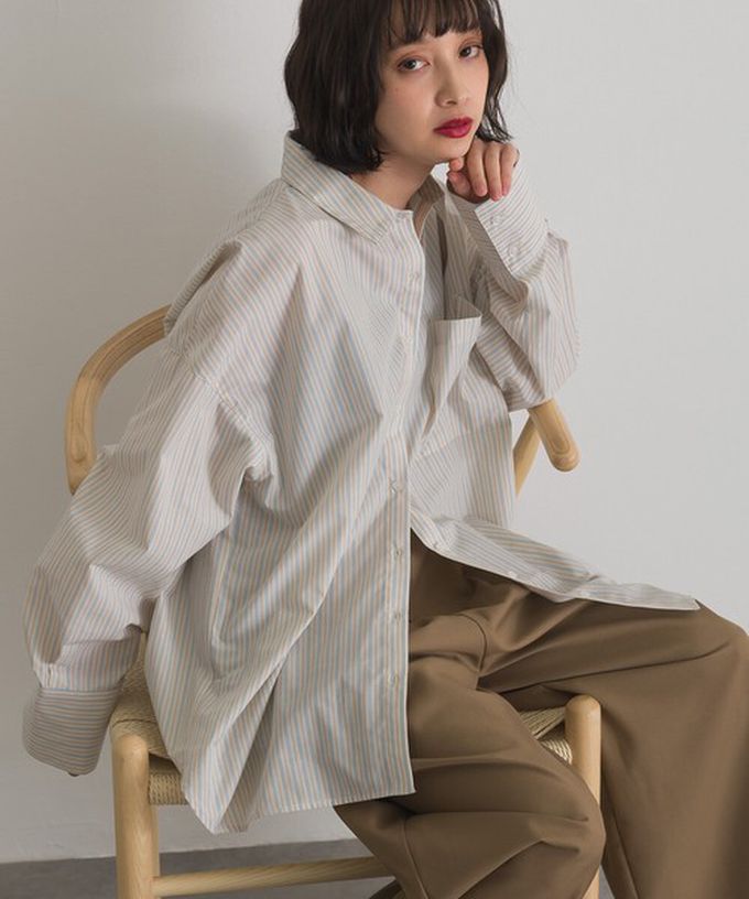 日本 ELENCARE DUE - 男友風寬鬆率性感長袖襯衫-粉紅直條紋