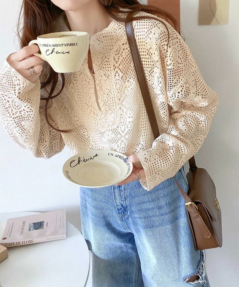 日本 Classical Elf - 春日浪漫鉤針長袖上衣/罩衫-米杏